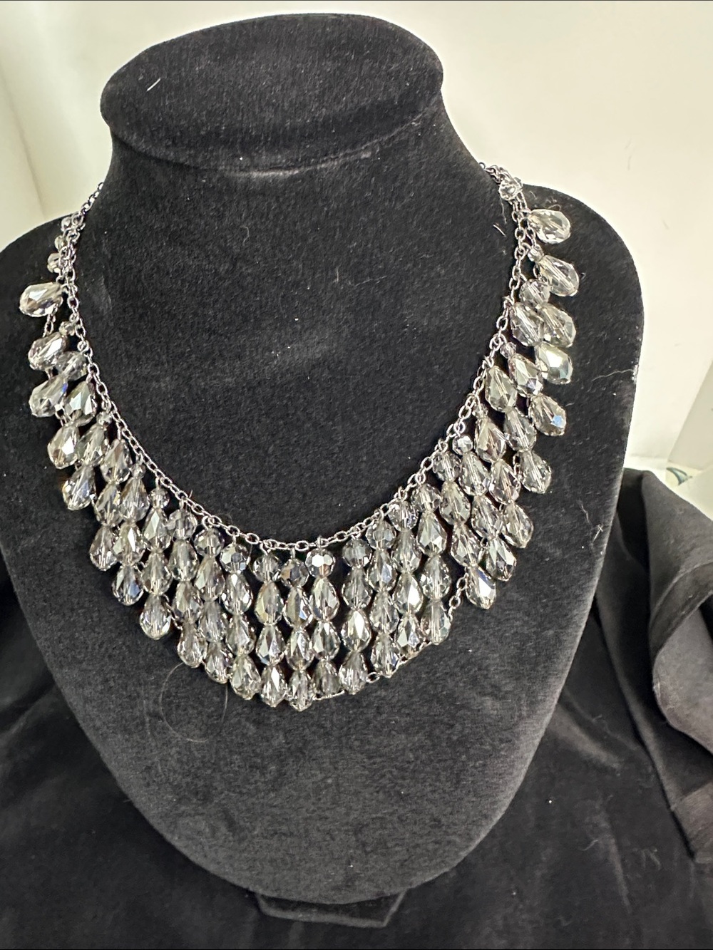 Swarovski Clear Crystal Teardrop Fringe Necklace - Silver Tone
